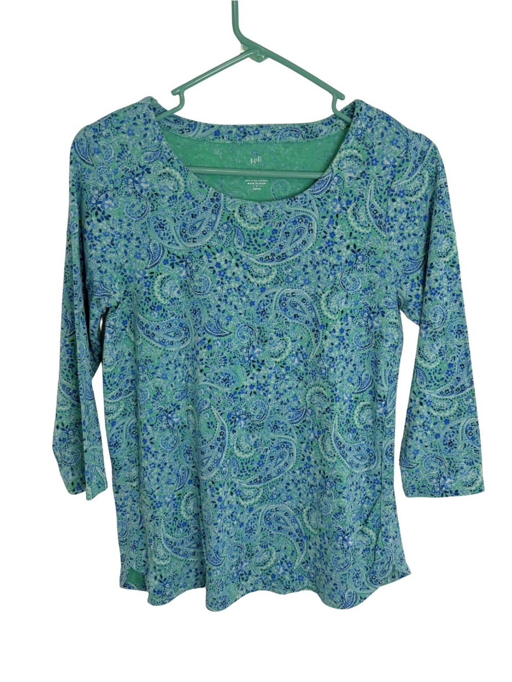 J. Jill Green & Blue Paisley 3/4 Sleeve Scoop Neck Shirt Size Small Petite